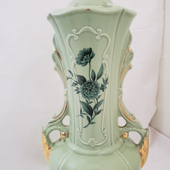 24K Gold Ceramic Chartreuse Green Lamp Victorian Floral Art Deco MCM - Picture 11 of 14